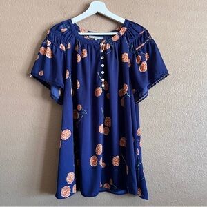 Daniel Rainn Blue Flutter Sleeve Floral Semi Sheer Blouse Size 3X